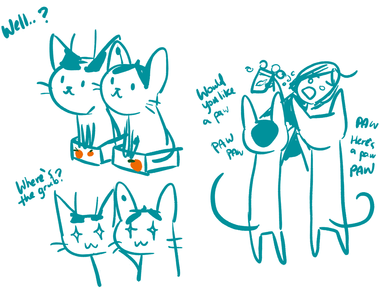 drawing of cats receiving snacks